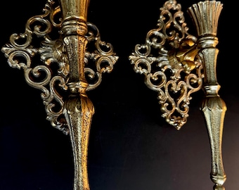 Vintage Hollywood Regency Gold Metal Wall Sconces | Pair of Ornate Candle Holders | Gothic Glam Wall Decor