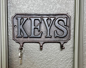 Vintage Cast Iron KEYS Wall Hook Rack | Rustic Key Holder Organizer | Entryway Farmhouse Decor | 3 Hook Wall Mount