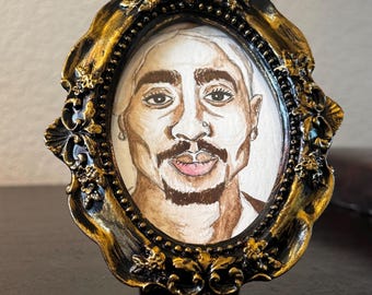 Retrato original en miniatura en acuarela con marco dorado ornamentado / Arte enmarcado único de 2 a 3 pulgadas