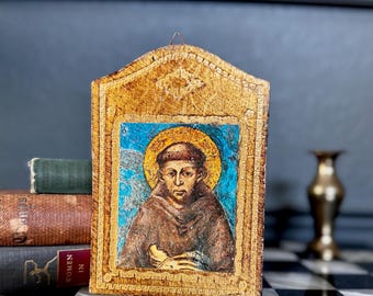 Placa con icono religioso florentino italiano vintage / Retrato de santo para colgar en la pared / Decoración católica de madera dorada
