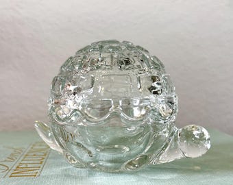 Dulcera de cristal vintage Anchor Hocking con forma de tortuga / Caja de baratijas de cristal prensado transparente con forma de tortuga marina / Decoración para estantes