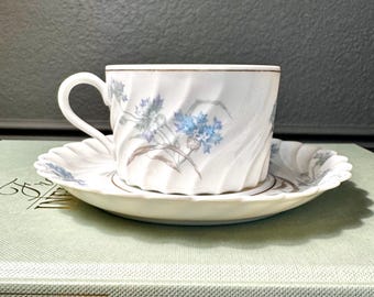 Taza y platillo Haviland Limoges Bergere / Juego de té de porcelana azul con estampado floral