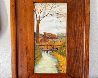 Pintura de paisaje original en marco de madera rústica hecha a mano / Escena campestre con granero y arroyo