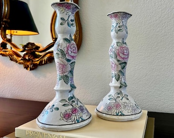Candelabros de porcelana vintage con motivos florales, estilo chinoiserie pintado a mano (par)