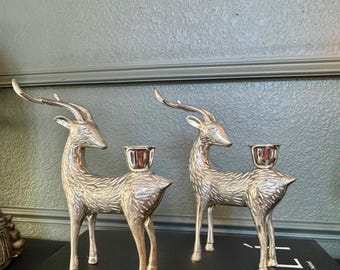 Par de candelabros vintage con forma de ciervo / Decoración navideña de estilo rústico moderno / Centro de mesa navideño / Candelabros vintage con forma de reno plateado