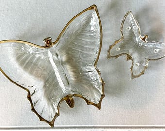Platos de mariposa de cristal Jeanette vintage / Bandeja de cristal prensado con borde dorado