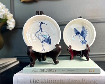 Cuencos de cerámica artesanal pintados a mano / Grulla azul, colibrí / Decoración costera de cerámica artesanal / Se venden individualmente