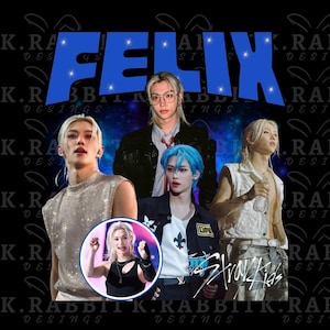 Puede incluir: Gráfico digital con el nombre "FELIX" en letras azules grandes, con múltiples imágenes de una persona con diferentes peinados. El texto "Stray Kids" también es visible. El fondo es un diseño oscuro con temática espacial.