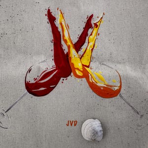 May include: Abstract artwork featuring two wine glasses with red and orange liquid, resembling legs. A seashell rests below the glasses. The initials "JVD" are in orange. The background is a light grey canvas.