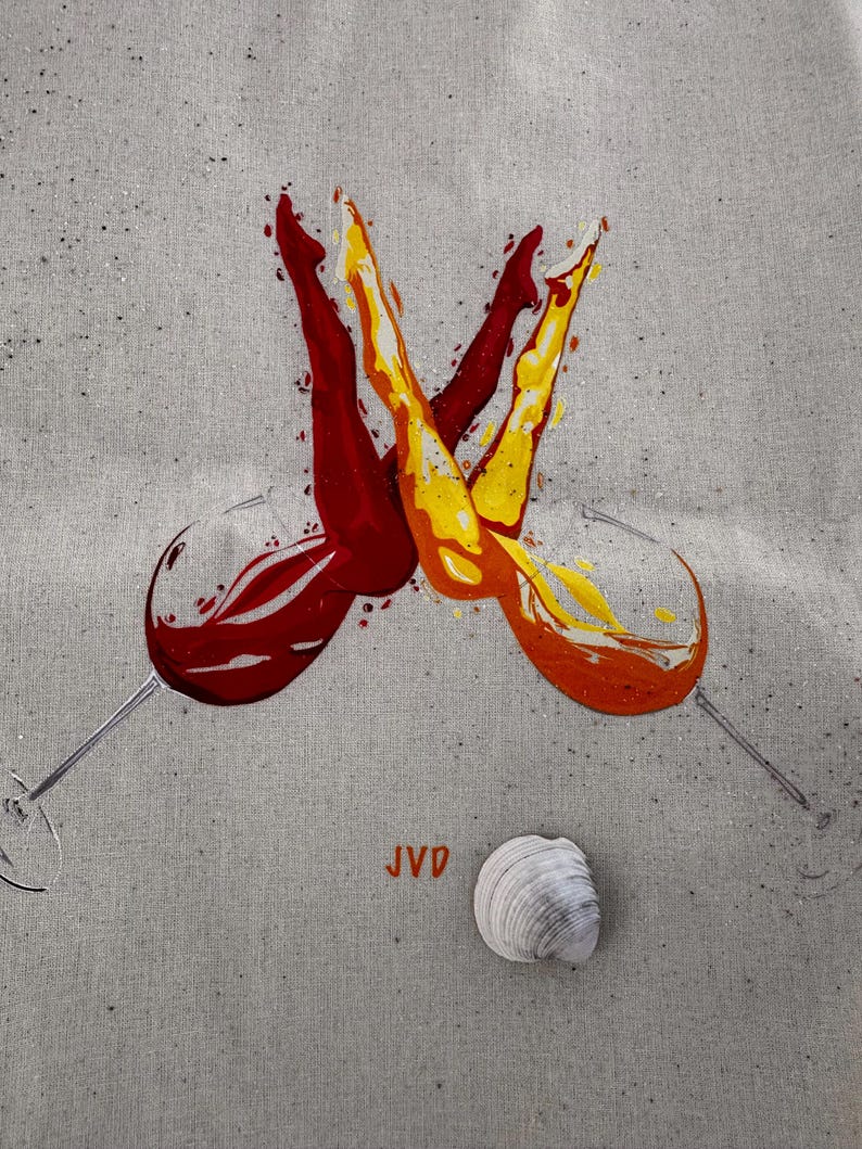 May include: Abstract artwork featuring two wine glasses with red and orange liquid, resembling legs. A seashell rests below the glasses. The initials "JVD" are in orange. The background is a light grey canvas.