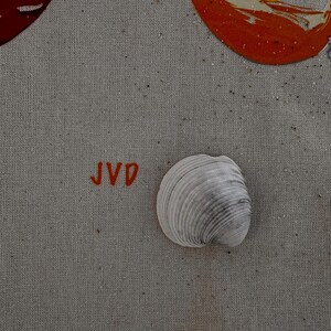 May include: A grey seashell with a ridged texture sits on a textured, neutral-toned surface. The letters "JVD" are painted in orange. Swirls of orange, red, and yellow paint are in the upper portion of the image.