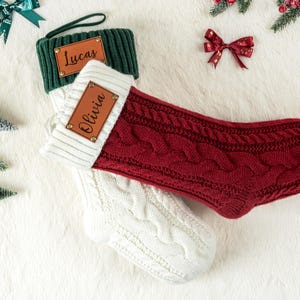 Personalized Knit Christmas Stocking, Engraved Leather Name Patch