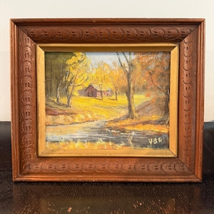 Vintage Fall Painting, Forest and Cabin, Artist Signed Landscape Painting