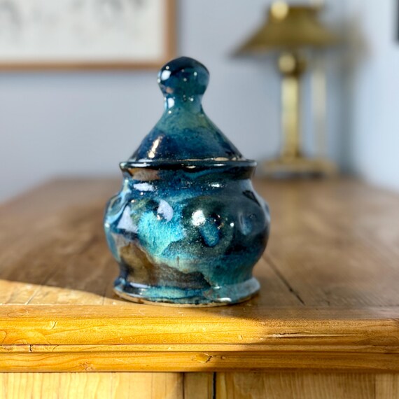 Handmade Studio Pottery Lidded Jar, Blue Artisan Pottery Decor