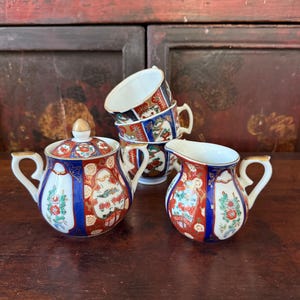 Vintage Japanese Imari Sugar and Creamer Set | Tea Cups | Hand-Painted Porcelain | Blue Red Gold Floral | Asian Tea Set Collectible Gift