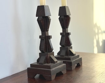 Vintage, Hand-Crafted Wooden Candlesticks, Geometric Folk Art Pair