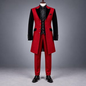 May include: A red long coat with black sleeves and lapels, paired with a black patterned vest, a black shirt, a black tie, and red trousers. The coat features a row of silver buttons down the front, and the ensemble is completed with black shoes.