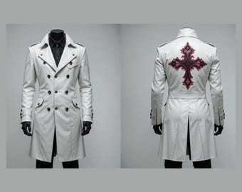 White Gothic Leather Trench Coat – Embroidered Cross Overcoat, Vampire Steampunk Long Jacket, Cosplay Renaissance Outfit for Men