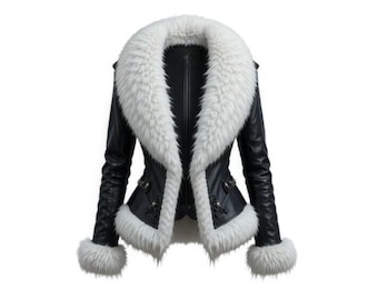 Puede incluir: Chaqueta de cuero sintético negro con un gran cuello, puños y ribete de piel sintética blanca. La chaqueta presenta una cremallera frontal, botones decorativos y un corte entallado. Una prenda de abrigo elegante.