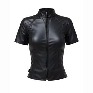 May include: Black faux leather top with short sleeves and a high, zipped collar. The fitted top has a vertical seam design and a full-length zip. A stylish, edgy piece of apparel.
