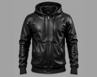 Men’s Black Genuine Leather Hoodie – Handmade Cowhide Sweatshirt, Streetwear Jacket