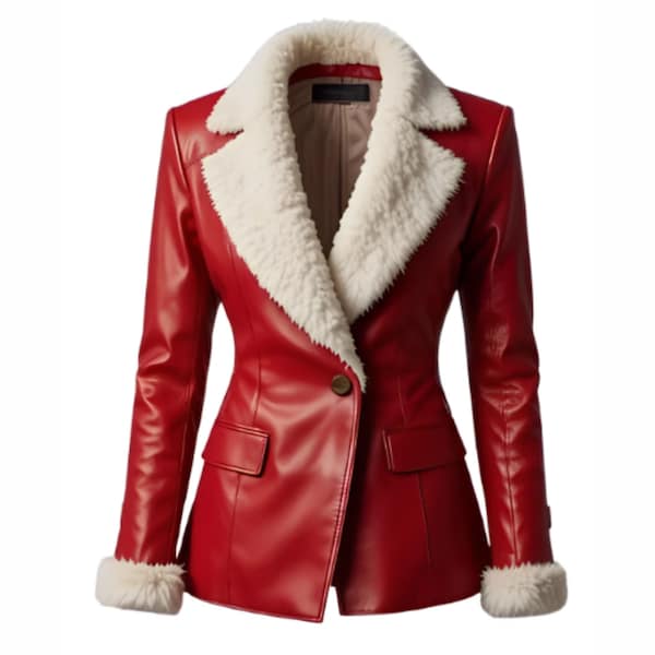 Blazer in pelliccia di pelle rossa da donna / Giacca invernale di lusso con collo in pelliccia sintetica bianca / Cappotto natalizio fatto a mano / Capospalla da regalo firmato