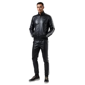 May include: A black leather track suit with white stripes on the sleeves and pants. The jacket has a zipper closure and a stand-up collar. The pants are fitted and have a white stripe down the side. The person is wearing black sneakers.