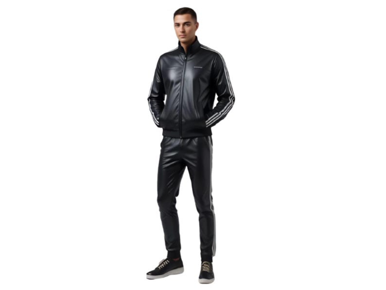 May include: A black leather track suit with white stripes on the sleeves and pants. The jacket has a zipper closure and a stand-up collar. The pants are fitted and have a white stripe down the side. The person is wearing black sneakers.