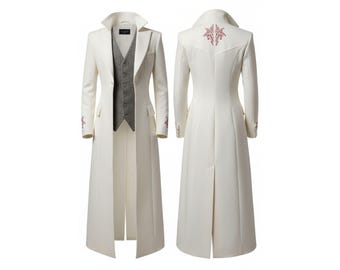 White Victorian Gothic Vampire Coat | Embroidered Steampunk Trench Jacket for Men | Long Cotton Overcoat | Masquerade & Cosplay Wear