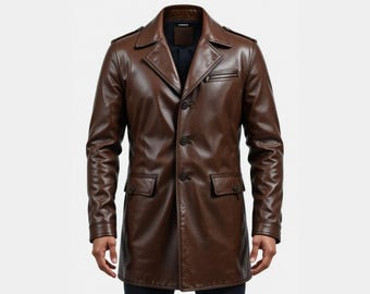 Men’s Brown Genuine Leather Trench Coat | Long Designer Overcoat | Handmade Winter Jacket | Vintage Style Outerwear | Luxury Gift for Him