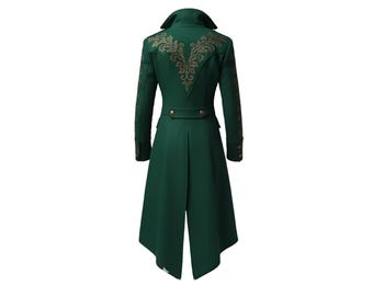 May include: A dark green long coat with gold embroidered floral designs on the back and sleeves. The coat has a notched collar, button details, and a split back. The coat is a knee-length design.