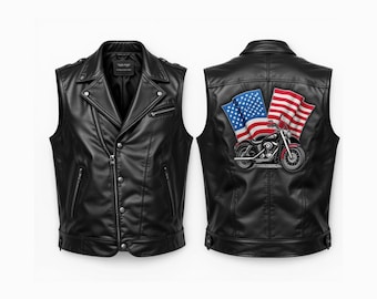 Genuine Leather Biker Vest – Handmade Black Cowhide Vest with USA Flag & Motorcycle Embroidery, Punk Rock Motorcycle Club Wear