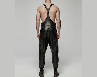 Black Leather Suspender Jumpsuit for Men & Women – Handmade Genuine Cowhide Overalls, Adjustable Straps, Gothic Festival Outfit