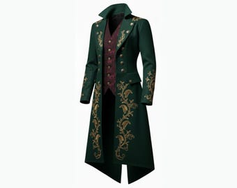 Men’s Green Wool Embroidered Coat | Gothic Tailcoat Jacket | Victorian Steampunk Long Coat | Baroque Wool Costume | Handmade Custom Coat