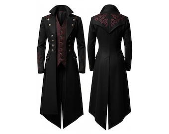 Victorian Gothic Vampire Coat | Red & Black Embroidered Steampunk Jacket | Long Cotton Trench for Cosplay, Festivals And Masquerade Wear