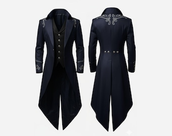 May include: A navy blue tailcoat with a matching vest. The coat features ornate silver embroidery on the shoulders and cuffs. The back of the coat has decorative buttons and a split tail. The vest has a button-up closure.