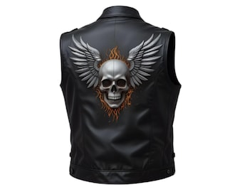 Men’s Leather Biker Vest – Skull Wings Motorcycle Club Riding Jacket