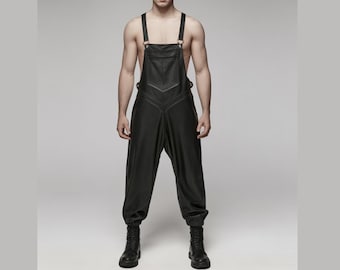 Men’s Genuine Leather Jumpsuit – Black Gothic Overalls with Suspenders, Harem Pants Style & Pockets | Steampunk Streetwear Outfit