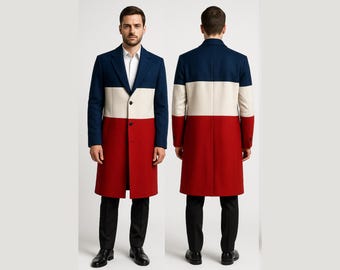 Abrigo largo hecho a mano con los colores de la bandera de EE. UU. / Gabardina con bloques de color rojo, blanco y azul / Abrigo vintage patriótico para hombre / Abrigo de lana estilo americano