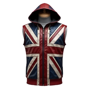 May include: A hooded vest featuring the Union Jack flag design in red, white, and blue. The vest has a full zipper and a ribbed hem. The hood is red with a blue stripe. The vest is displayed on a mannequin.
