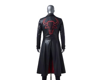 Trench in pelle gotica da uomo / Giacca lunga nera con ricamo di toro / Costume da cosplay