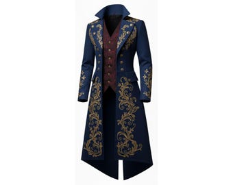 May include: A navy blue long coat with gold floral embroidery. The coat features a burgundy vest and gold buttons. The coat has a high collar and a tailcoat design. The coat is a formal garment.