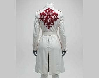 White Genuine Leather Trench Coat – Gothic Vampire Long Jacket with Red Embroidered Back | Steampunk Cosplay Festival Outfit Men Women