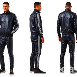 May include: A black leather tracksuit featuring a zip-up jacket with white stripes on the sleeves and matching pants with white side stripes. The outfit is worn with black sneakers. The tracksuit is shown from multiple angles.