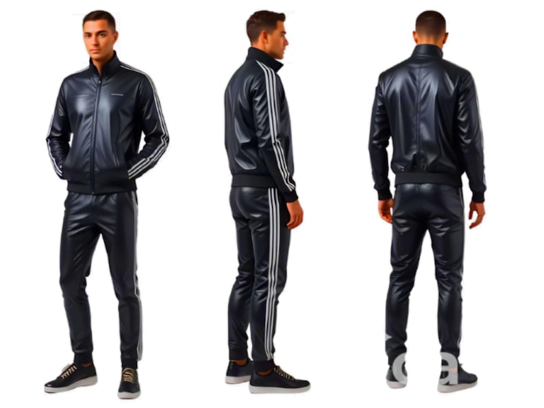 May include: A black leather tracksuit featuring a zip-up jacket with white stripes on the sleeves and matching pants with white side stripes. The outfit is worn with black sneakers. The tracksuit is shown from multiple angles.