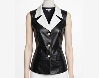 Echtlederweste Top - Schwarz und Weiße Ärmellose Jacke | Handgemachtes Gothic Steampunk Outfit | Frauen Punk Festival Korsett Stil