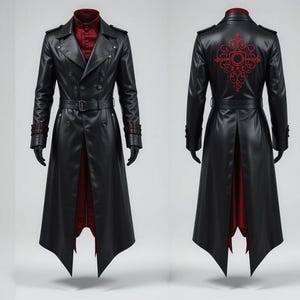 以下が含まれることがあります： 赤色の内装とアクセントが付いた黒いレザートレンチコート。コートはダブルブレストのデザイン、ベルト、背中の装飾的な赤い模様が特徴です。黒い手袋が含まれています。
