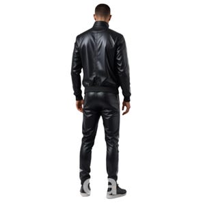 May include: A black leather jacket and matching pants set. The jacket has a stand-up collar and a ribbed hem and cuffs. The pants are fitted with a white stripe down the side. The outfit is worn with black sneakers.