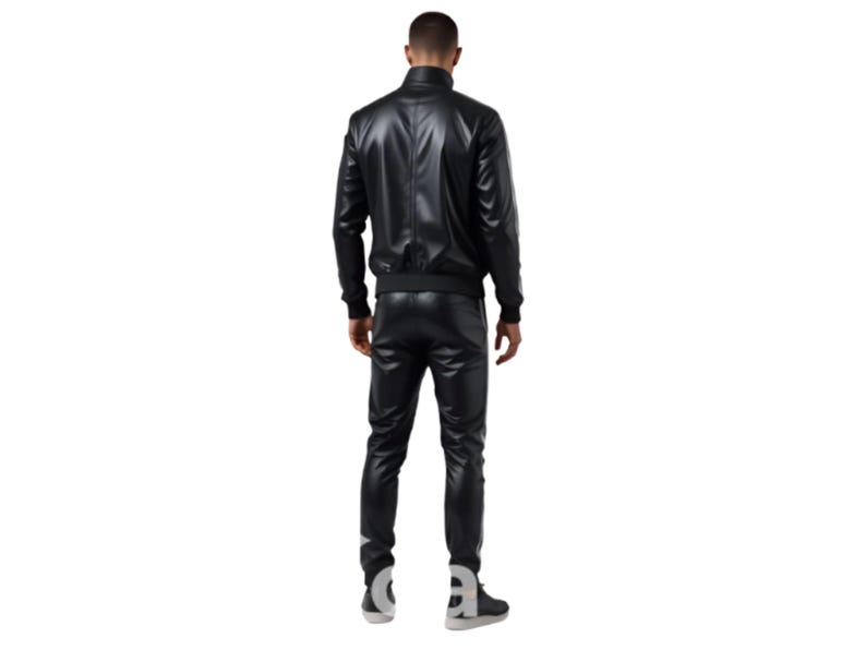 May include: A black leather jacket and matching pants set. The jacket has a stand-up collar and a ribbed hem and cuffs. The pants are fitted with a white stripe down the side. The outfit is worn with black sneakers.