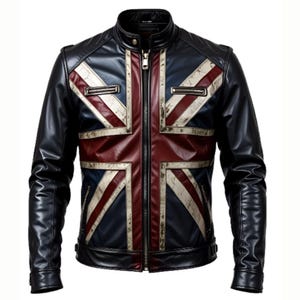 May include: Black leather jacket featuring the Union Jack flag design in red, white, and blue. The jacket has a stand-up collar, a front zipper, and two zippered pockets. The sleeves are long and have a quilted design.